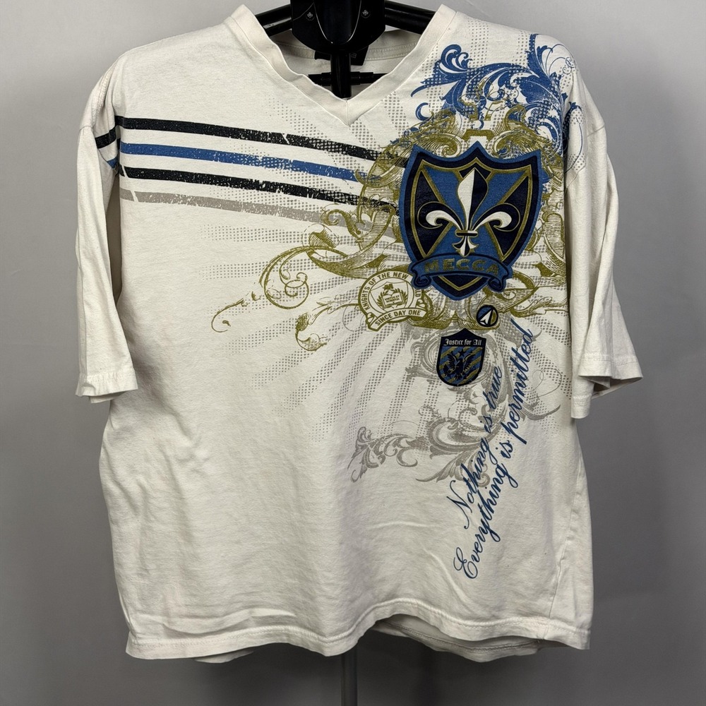 Mecca Shirt Mens XL White V-Neck‎ Fleur De Lis Crest Graphic Tee Streetwear